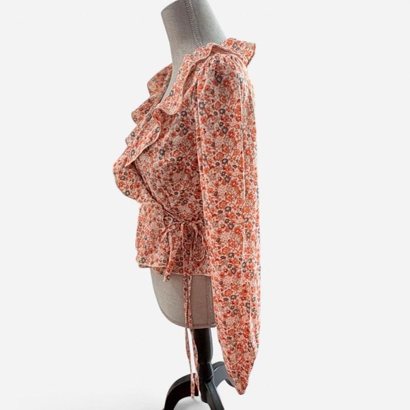 Ditzy floral blouse peplum barrel long sleeve deep-v neckline in Orange - Picture 5 of 9